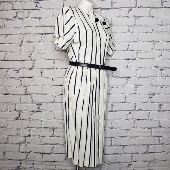 VTG 80s Navy Blue & White Stripe Dawn Joy Fashions Dress, sz 7/8 - Picture 2 of 8
